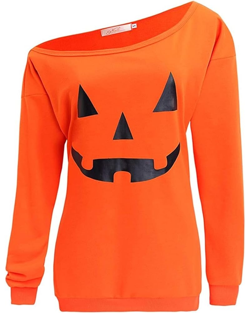 Women Halloween Off Shoulder Sweatshirt Slouchy Shirt Pumpkin Long Sleeve Pullover Tops A-orange $10.57 Hoodies & Sweatshirts