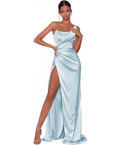 Women's One Shoulder Prom Dresses Long with Slit Pleated Satin Mermaid Bridesmaid Dress FN009 Light Blue $27.53 Dresses