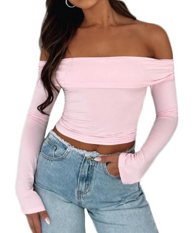 Tight Long Sleeve Shirts for Women Casual Sexy Basic Tee Going Out Streetwear Solid Color Y2K Fitted Crop Top Pink-off the Sh...