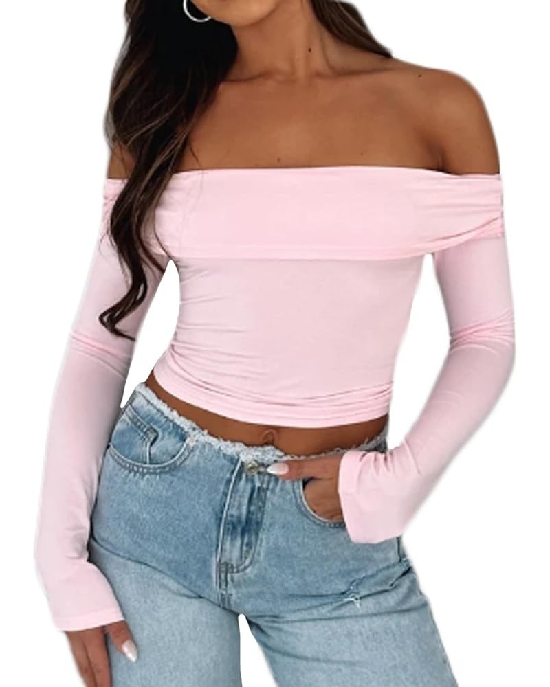 Tight Long Sleeve Shirts for Women Casual Sexy Basic Tee Going Out Streetwear Solid Color Y2K Fitted Crop Top Pink-off the Sh...