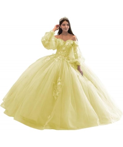 Floral Quinceanera Dresses with Sleeves Giltter Tulle Ball Gown Puffy Lace Off Shoulder Sweet 16 Dresses Party Gowns Yellow $...