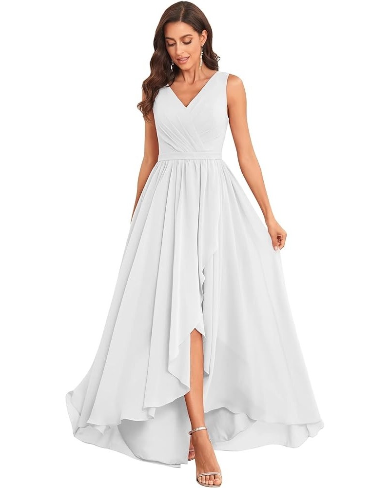 Women's High Low V Neck Bridesmaid Dresses Long with Slit Ruffle Pleated Chiffon Formal Dress White $35.69 Dresses