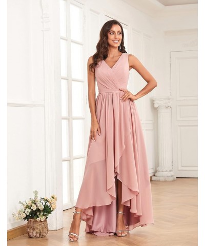 Women's High Low V Neck Bridesmaid Dresses Long with Slit Ruffle Pleated Chiffon Formal Dress White $35.69 Dresses