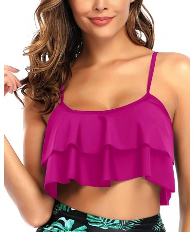 Ruffled Bikini Top Flounce Swim Top Falbala Swimsuit Tank Top for Women Rose Pink Purple $15.67 Swimsuits