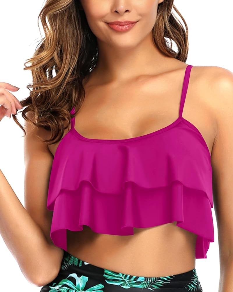 Ruffled Bikini Top Flounce Swim Top Falbala Swimsuit Tank Top for Women Rose Pink Purple $15.67 Swimsuits