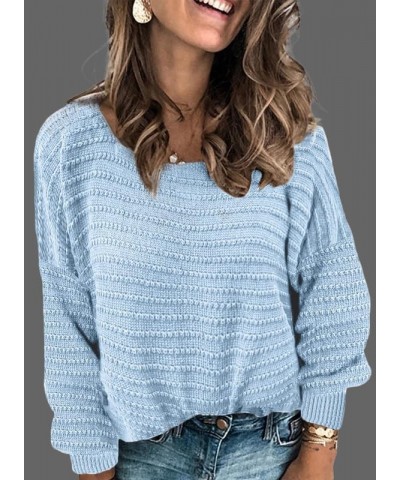 Womens Ribbed Knit Textured Drop Shoulder Long Sleeve Crew Neck Pullover Sweaters Sky Blue $19.37 Sweaters