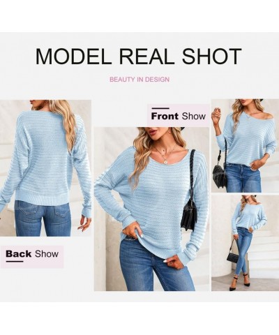 Womens Ribbed Knit Textured Drop Shoulder Long Sleeve Crew Neck Pullover Sweaters Sky Blue $19.37 Sweaters