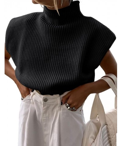 Women's Knit Sweater Vest Sleeveless Shoulder Pad Turtleneck Pullover Solid Knitted Top Black $18.59 Sweaters