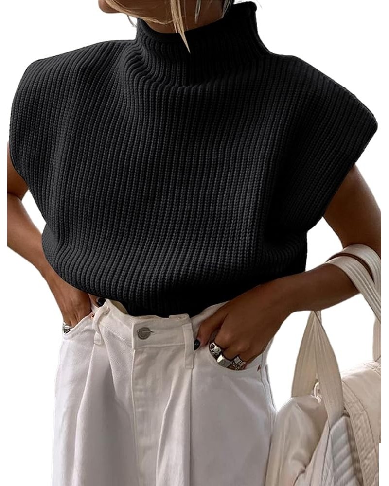 Women's Knit Sweater Vest Sleeveless Shoulder Pad Turtleneck Pullover Solid Knitted Top Black $18.59 Sweaters