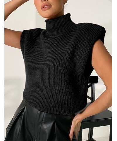 Women's Knit Sweater Vest Sleeveless Shoulder Pad Turtleneck Pullover Solid Knitted Top Black $18.59 Sweaters