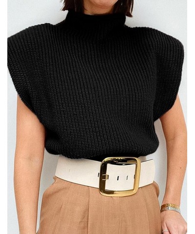 Women's Knit Sweater Vest Sleeveless Shoulder Pad Turtleneck Pullover Solid Knitted Top Black $18.59 Sweaters