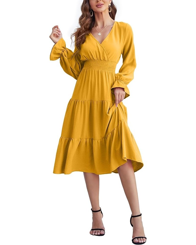 Women's Casual Wrap V Neck Midi Dress Long Sleeve Smocked Waist Tiered A Line Pleated Flowy Long Dress Yellow $23.09 Dresses