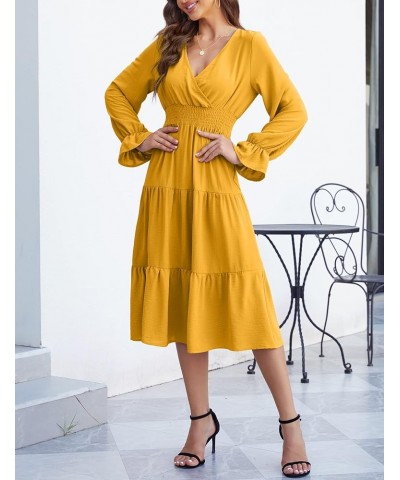 Women's Casual Wrap V Neck Midi Dress Long Sleeve Smocked Waist Tiered A Line Pleated Flowy Long Dress Yellow $23.09 Dresses