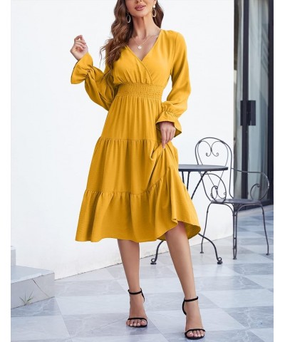 Women's Casual Wrap V Neck Midi Dress Long Sleeve Smocked Waist Tiered A Line Pleated Flowy Long Dress Yellow $23.09 Dresses