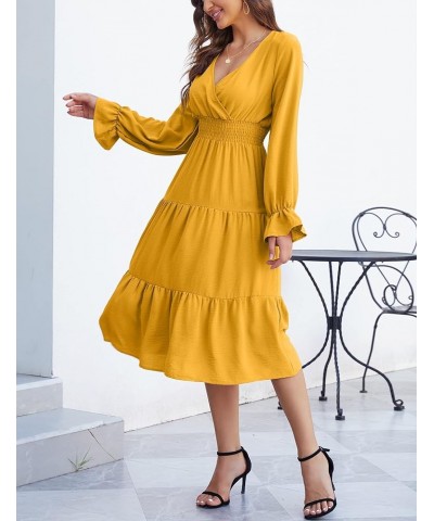 Women's Casual Wrap V Neck Midi Dress Long Sleeve Smocked Waist Tiered A Line Pleated Flowy Long Dress Yellow $23.09 Dresses