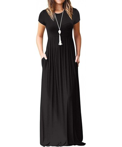 Maxi Dress for Women Short Sleeve Casual Summer Loose Plain Comfy Long Dresses with Pockets 1-black $19.24 Dresses