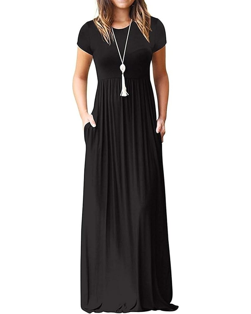 Maxi Dress for Women Short Sleeve Casual Summer Loose Plain Comfy Long Dresses with Pockets 1-black $19.24 Dresses