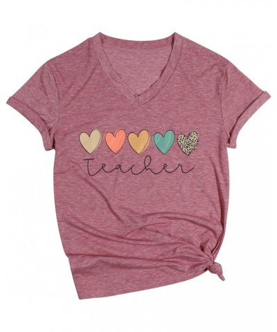 Heart Teacher Shirts for Women Teacher V Neck Shirt T Shirt Teach Graphic Tee Casual Short Sleeve Tops Pink $12.59 T-Shirts