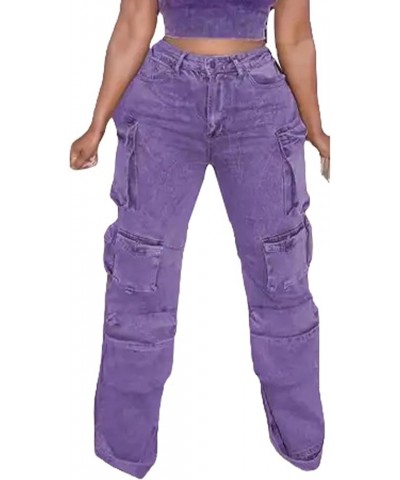 Women's Ripped Jeans Casual Patchwork Frayed Hem High Waist Straight Leg Multi Pocketed Denim Pants 01purple $28.79 Jeans