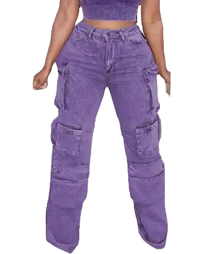 Women's Ripped Jeans Casual Patchwork Frayed Hem High Waist Straight Leg Multi Pocketed Denim Pants 01purple $28.79 Jeans