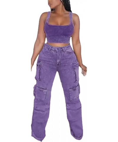 Women's Ripped Jeans Casual Patchwork Frayed Hem High Waist Straight Leg Multi Pocketed Denim Pants 01purple $28.79 Jeans