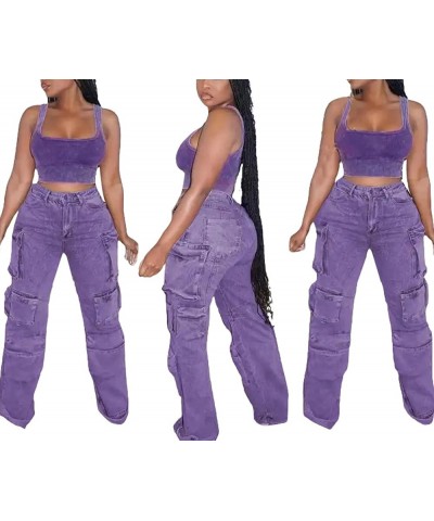 Women's Ripped Jeans Casual Patchwork Frayed Hem High Waist Straight Leg Multi Pocketed Denim Pants 01purple $28.79 Jeans