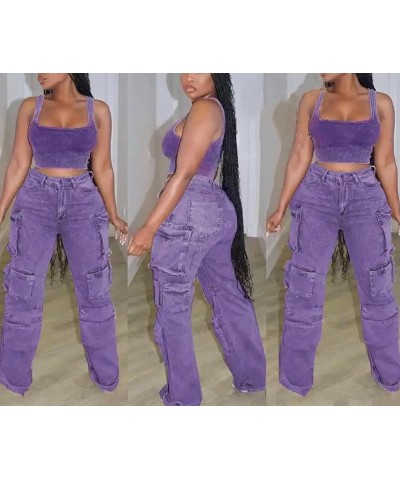 Women's Ripped Jeans Casual Patchwork Frayed Hem High Waist Straight Leg Multi Pocketed Denim Pants 01purple $28.79 Jeans