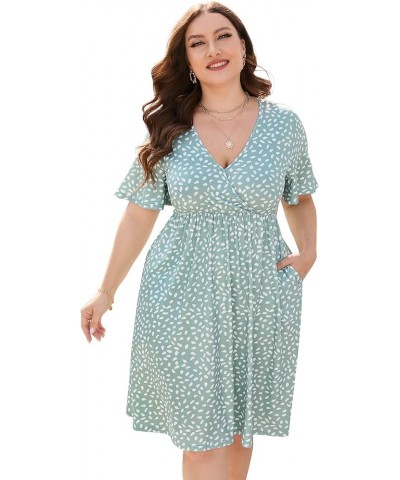 Plus Size Dress Women's V Neck A-Line Knee Length Wrap Swing Dresses Plus Size A Line Party Mini Dress Light Green Dots $15.6...