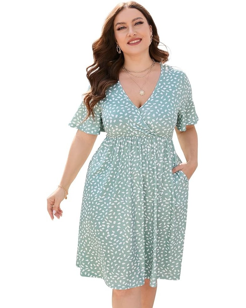 Plus Size Dress Women's V Neck A-Line Knee Length Wrap Swing Dresses Plus Size A Line Party Mini Dress Light Green Dots $15.6...