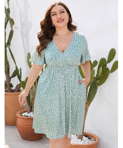 Plus Size Dress Women's V Neck A-Line Knee Length Wrap Swing Dresses Plus Size A Line Party Mini Dress Light Green Dots $15.6...