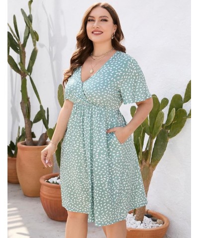 Plus Size Dress Women's V Neck A-Line Knee Length Wrap Swing Dresses Plus Size A Line Party Mini Dress Light Green Dots $15.6...