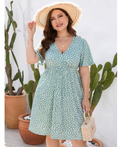 Plus Size Dress Women's V Neck A-Line Knee Length Wrap Swing Dresses Plus Size A Line Party Mini Dress Light Green Dots $15.6...