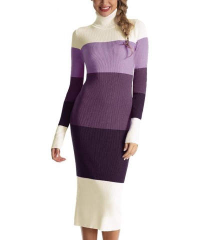 Women's Turtleneck Ribbed Elbow Long Sleeve Knit Sweater Dress Beige/Purple $27.59 Sweaters