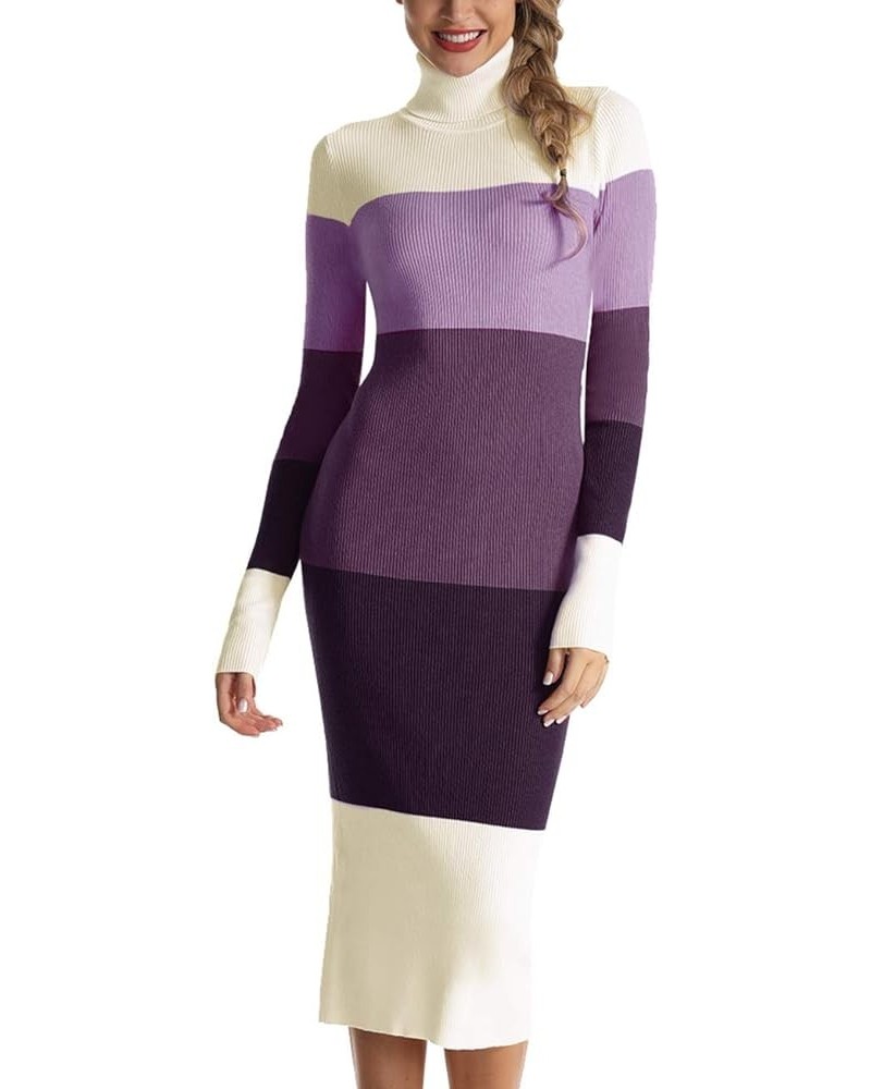 Women's Turtleneck Ribbed Elbow Long Sleeve Knit Sweater Dress Beige/Purple $27.59 Sweaters