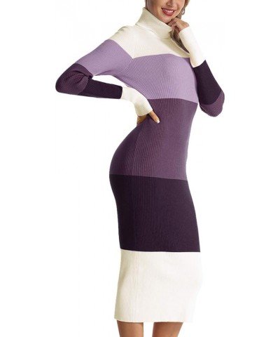 Women's Turtleneck Ribbed Elbow Long Sleeve Knit Sweater Dress Beige/Purple $27.59 Sweaters