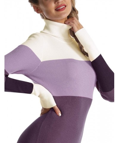 Women's Turtleneck Ribbed Elbow Long Sleeve Knit Sweater Dress Beige/Purple $27.59 Sweaters