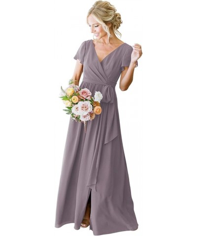 Women's Short Sleeve Bridesmaid Dresses with Slit 2023 V Neck Pleated Party Dress YMS159 Mauve $33.91 Dresses