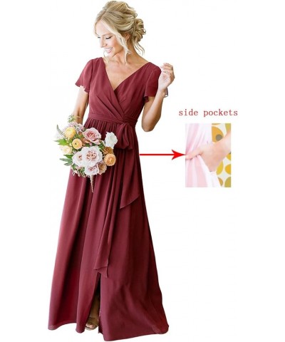 Women's Short Sleeve Bridesmaid Dresses with Slit 2023 V Neck Pleated Party Dress YMS159 Mauve $33.91 Dresses