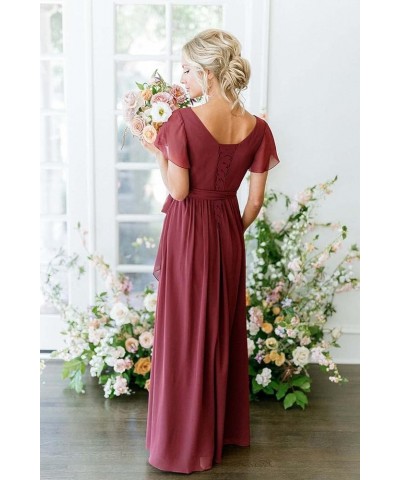 Women's Short Sleeve Bridesmaid Dresses with Slit 2023 V Neck Pleated Party Dress YMS159 Mauve $33.91 Dresses