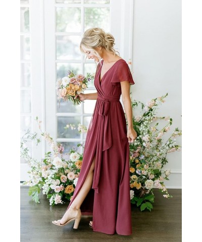 Women's Short Sleeve Bridesmaid Dresses with Slit 2023 V Neck Pleated Party Dress YMS159 Mauve $33.91 Dresses