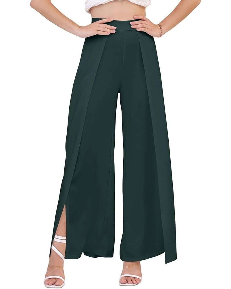 Women's Casual Loose Fit High Waisted Elastic Waist Wide Leg Palazzo Pants Trousers Long Pants A-dark Green $16.40 Pants