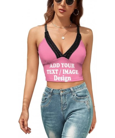 Custom V-Neck Top Yoga Strap Tank Top Custom Sports Bra Add Image Text Logo Personalized Custom Design Pink $9.17 Lingerie