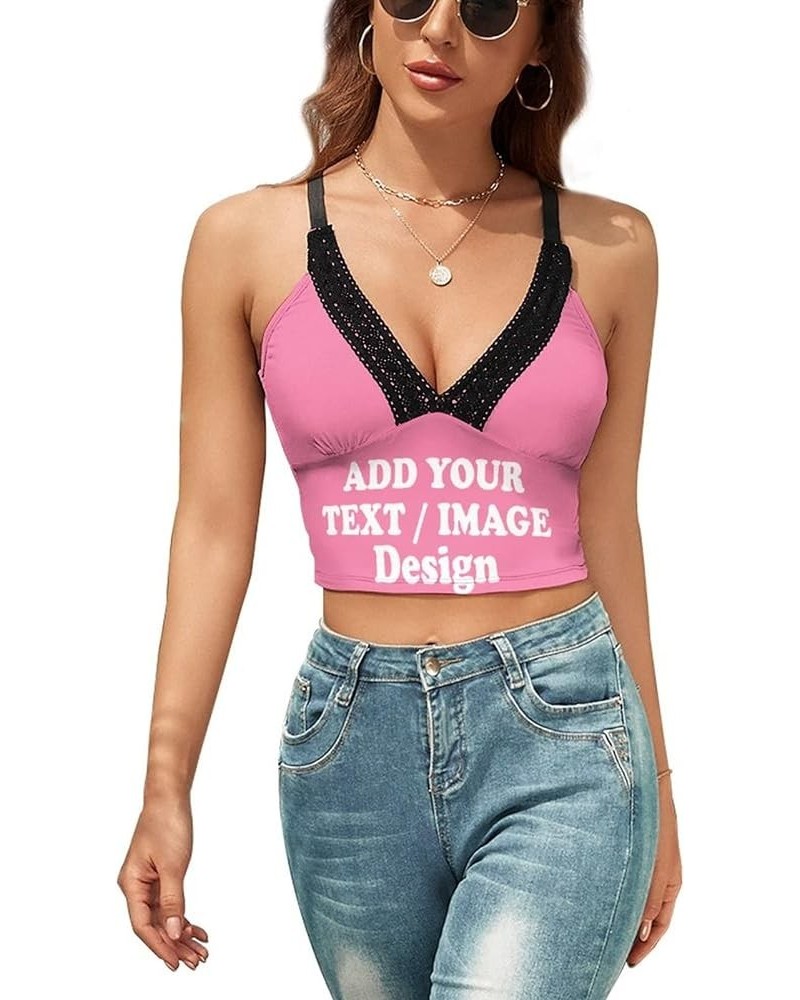 Custom V-Neck Top Yoga Strap Tank Top Custom Sports Bra Add Image Text Logo Personalized Custom Design Pink $9.17 Lingerie