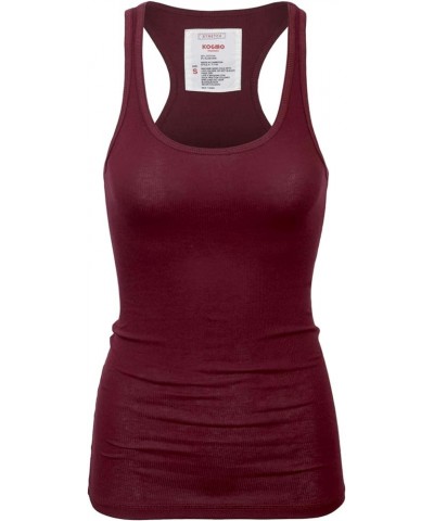 Womens Basic Stretchy Cotton Ribbed Knit Racerback Tank Top (S-XL) 824_burgundy $9.87 Tanks