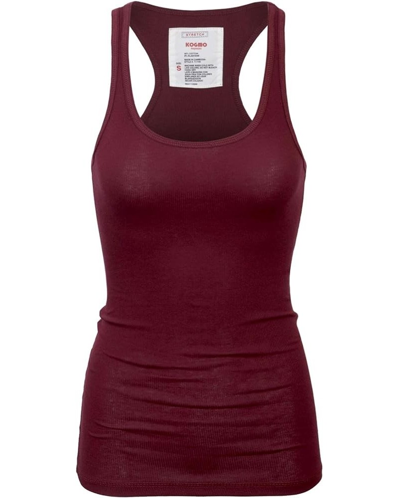 Womens Basic Stretchy Cotton Ribbed Knit Racerback Tank Top (S-XL) 824_burgundy $9.87 Tanks