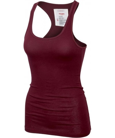 Womens Basic Stretchy Cotton Ribbed Knit Racerback Tank Top (S-XL) 824_burgundy $9.87 Tanks