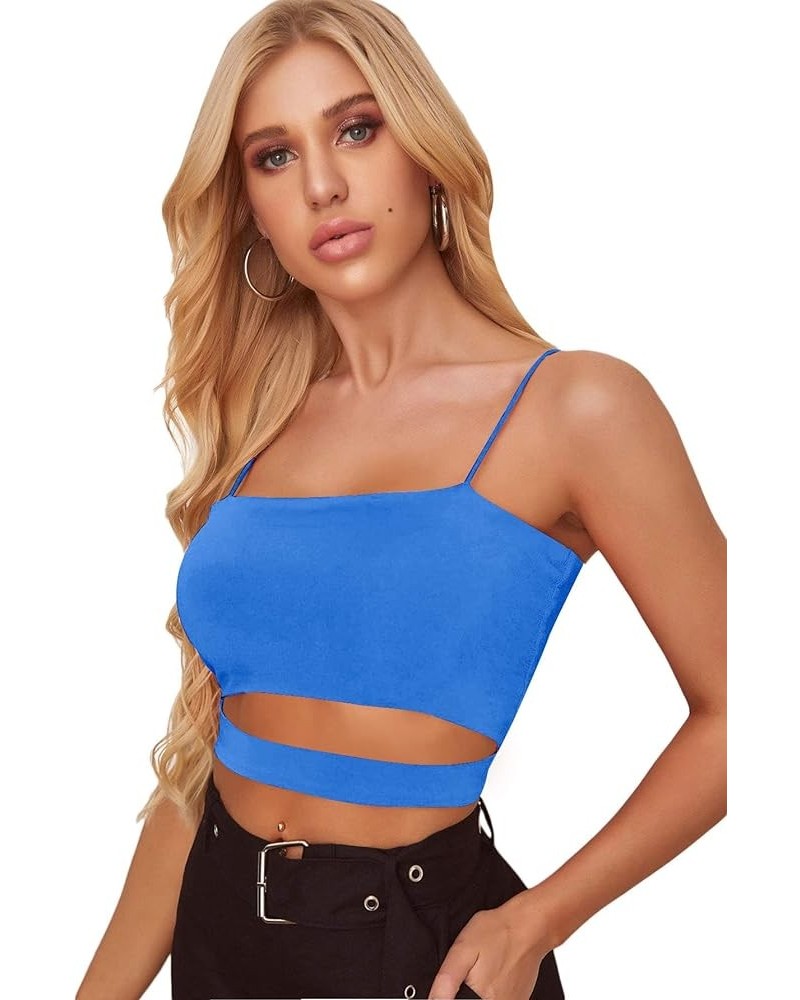 Women's Summer Spaghetti Strap Sleeveless Sexy Rave Cut Out Cami Crop Top Blue Solid $11.52 Tanks