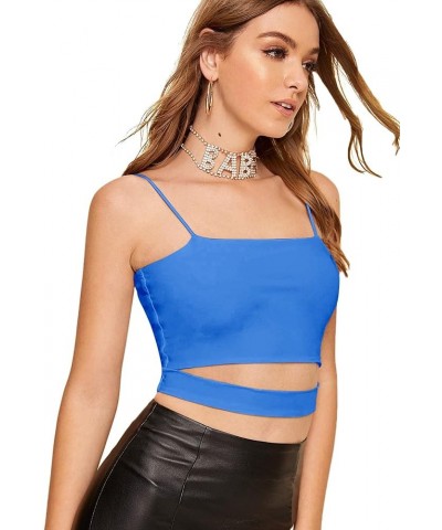 Women's Summer Spaghetti Strap Sleeveless Sexy Rave Cut Out Cami Crop Top Blue Solid $11.52 Tanks