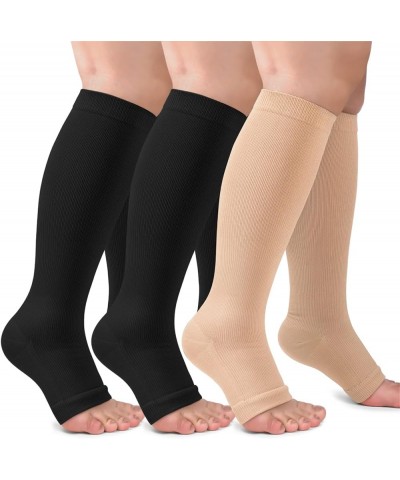 3 Pack Copper Compression Socks for Women & Men, 20-30mmHg Open Toe Knee High Stockings for Circulation Support B03-3 Pack Bl...