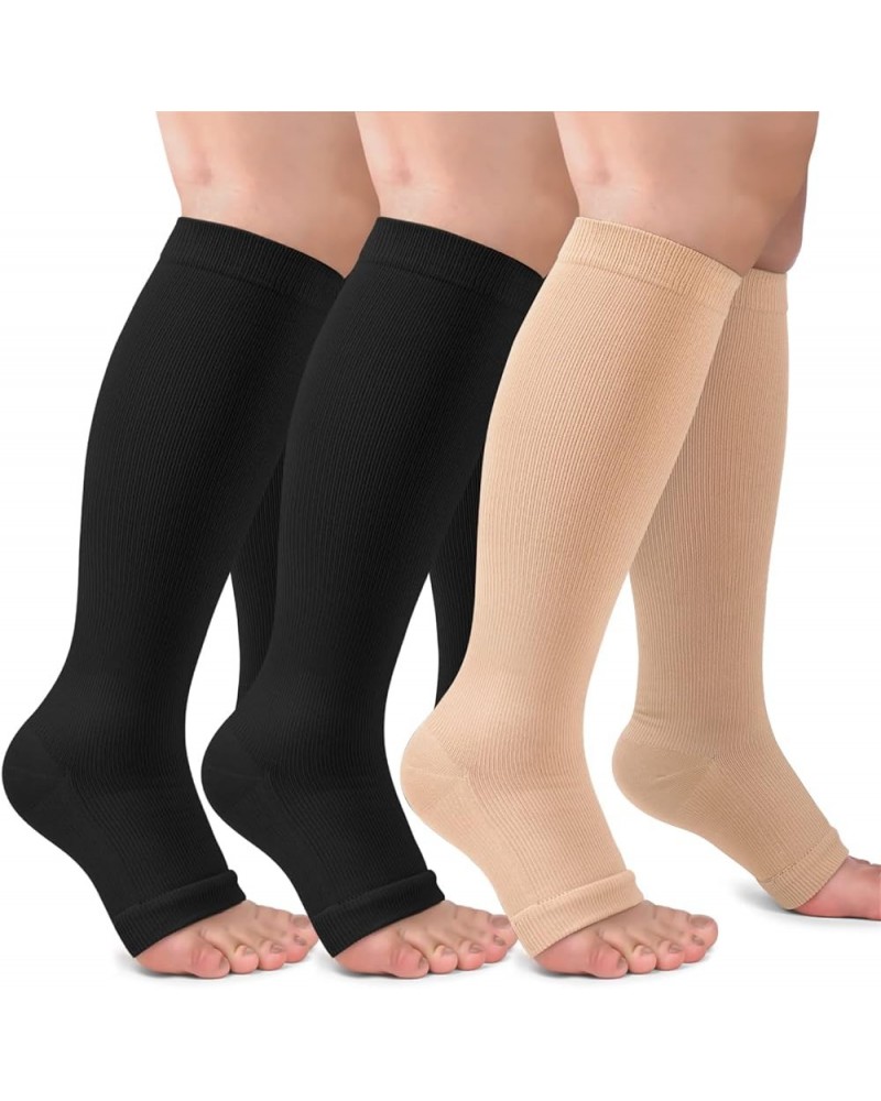 3 Pack Copper Compression Socks for Women & Men, 20-30mmHg Open Toe Knee High Stockings for Circulation Support B03-3 Pack Bl...